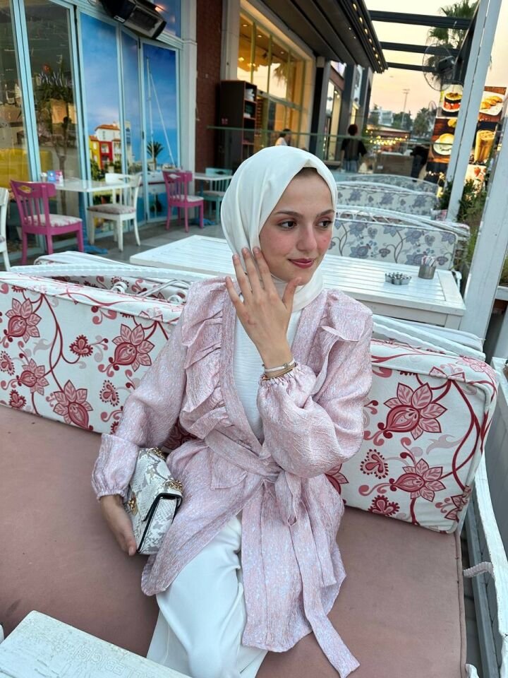 Önü Fırfırlı Bağlamalı Kimono şeker pembe - 1