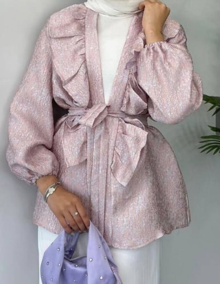 Önü Fırfırlı Bağlamalı Kimono şeker pembe - 1