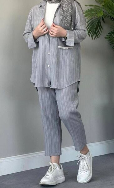 Önü Düğmeli Müslin Takım gri - 1