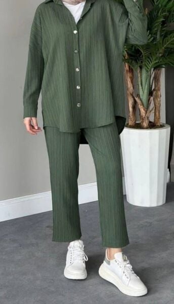 Önü Düğmeli Müslin Takım haki - 1