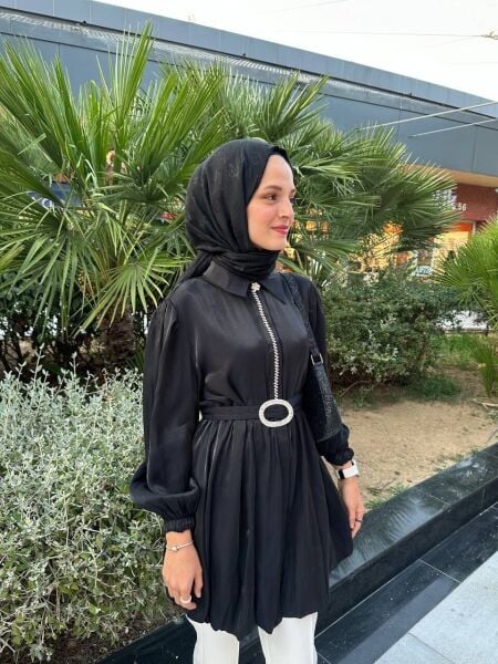 Önü Taşlı Kemerli Tunik siyah - 1