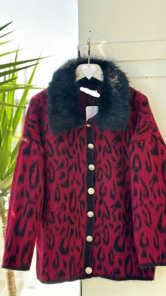 Yakası Kürk Detaylı Leopar Hırka standart - kırmızı