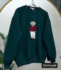 Ayıcıklı 3 İplik Şardonlu  Sweat zümrüt yeşili - m