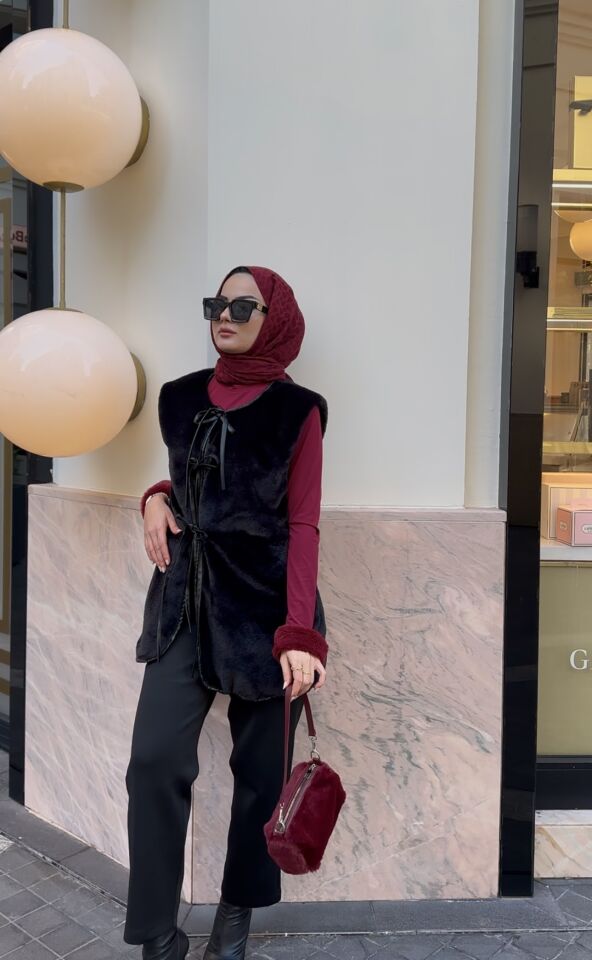 Bağlamalı Peluş Angora Yelek siyah - s-m