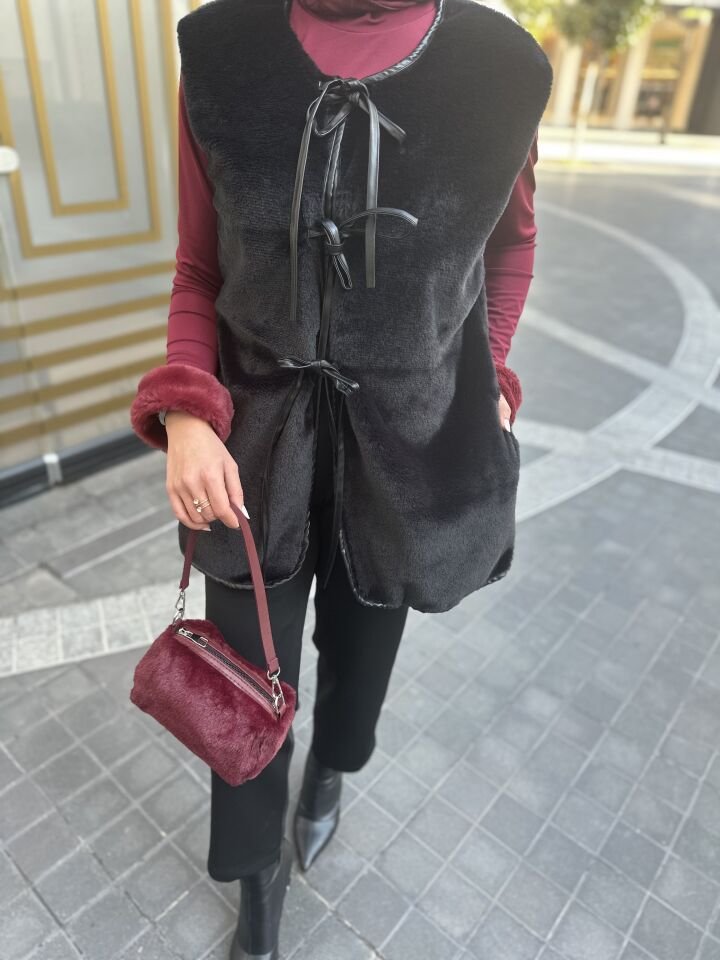 Bağlamalı Peluş Angora Yelek siyah - s-m