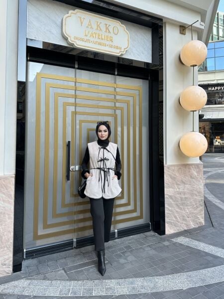 Bağlamalı Peluş Angora Yelek bej - s-m