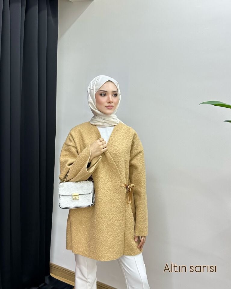 Yandan Bağcıklı Pinterest Buklet Ceket altın sarısı - l-xl