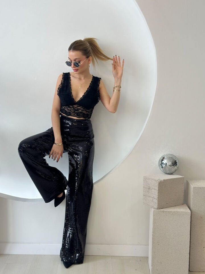 Zr Marka Yüksek Bel Pul Payet Palazzo Pantolon s