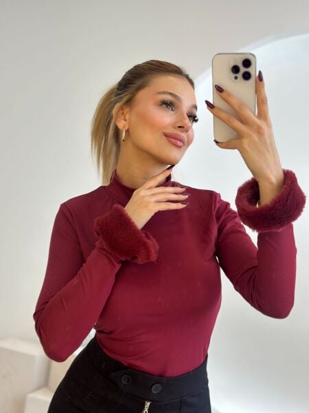 Likralı Peluş Bady bordo - m