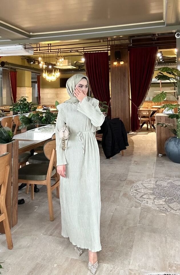 Shinny Tasarım Saten Elbise çağla yeşili - l-xl