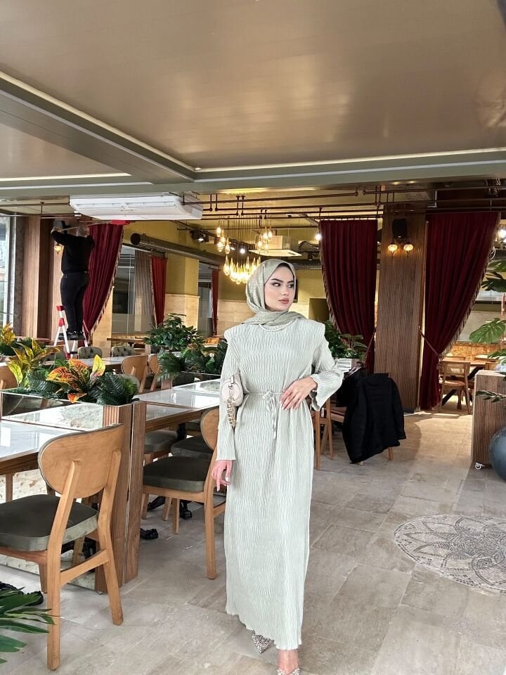 Shinny Tasarım Saten Elbise çağla yeşili - l-xl