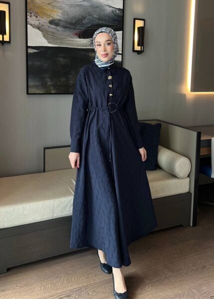 Gold Düğme Detaylı Tasarım Elbise lacivert - 1