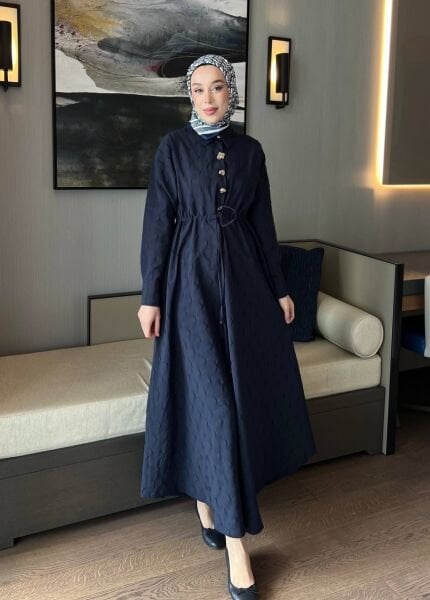 Gold Düğme Detaylı Tasarım Elbise lacivert - 2