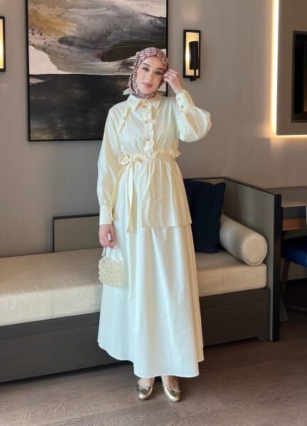 Belden Bağlamalı Tasarım Elbise bej - 2