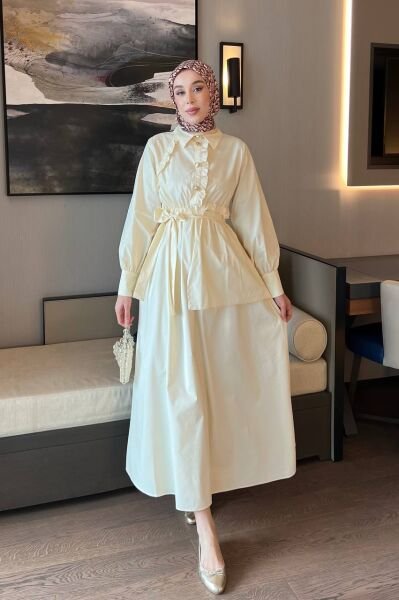 Belden Bağlamalı Tasarım Elbise bej - 2