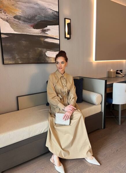 Belden Bağlamalı Tasarım Elbise camel - 2