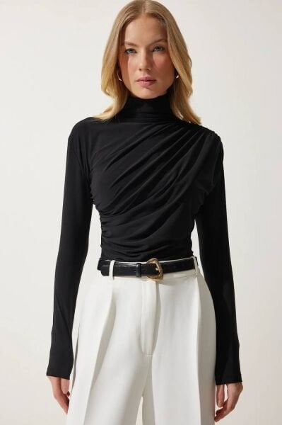 Büzgülü Dik Yaka Sandy Bluz siyah - xl