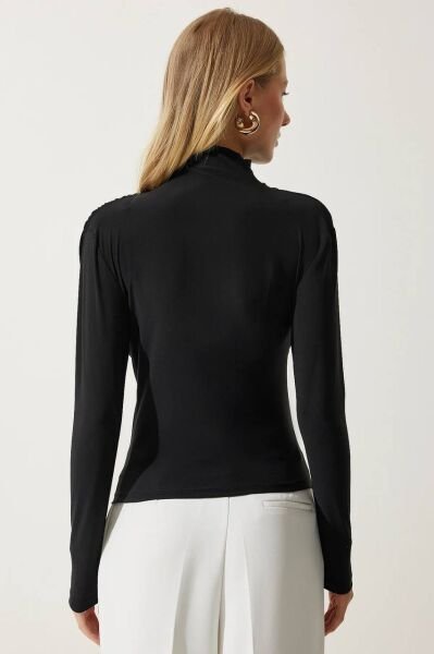 Büzgülü Dik Yaka Sandy Bluz siyah - xl