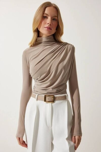 Büzgülü Dik Yaka Sandy Bluz vizon - xl