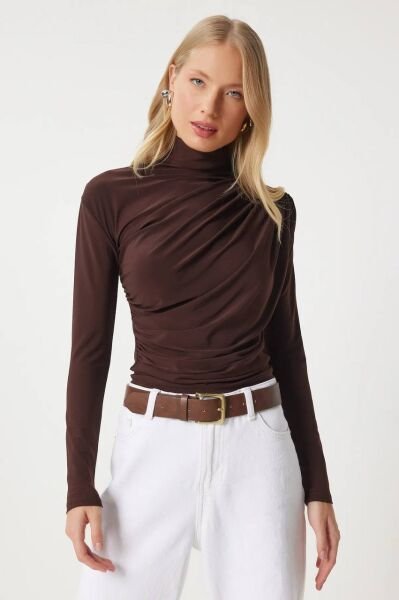 Büzgülü Dik Yaka Sandy Bluz kahverengi - xl
