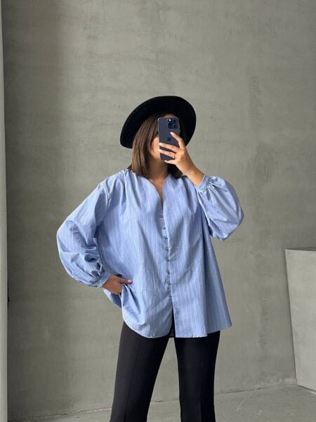 Düğmeli Taşlı Gömlek açık mavi - 1