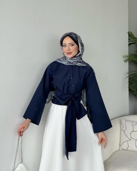 Kuşak Detaylı Gömlek lacivert - l