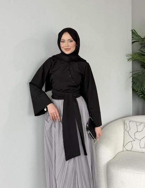 Kuşak Detaylı Gömlek siyah - l