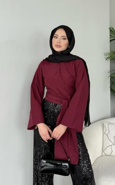 Kuşak Detaylı Gömlek bordo - l