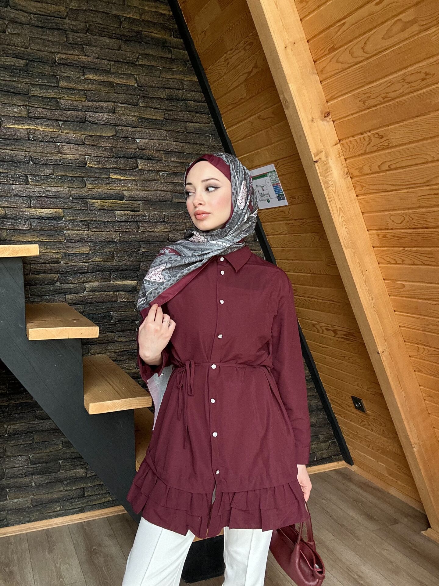 Belden Bağcıklı Tunik bordo - s-m
