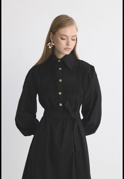 Büzgü Detaylı Tasarım Elbise siyah - 2