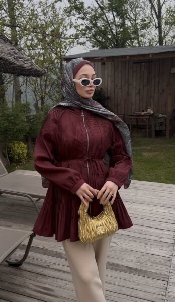 Bağcıklı Piliseli Ceket bordo - 2