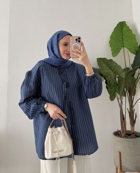 Bağcıklı Çizgili Gömlek lacivert - 1