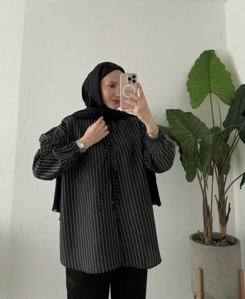 Bağcıklı Çizgili Gömlek siyah - 1