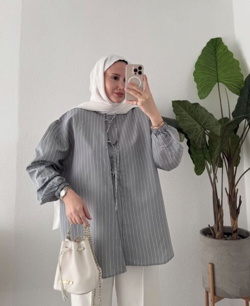 Bağcıklı Çizgili Gömlek gri - 1