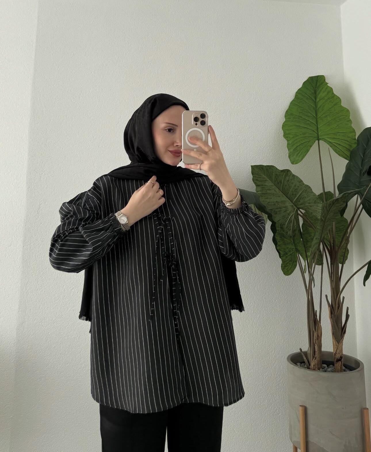Bağcıklı Çizgili Gömlek siyah - 2