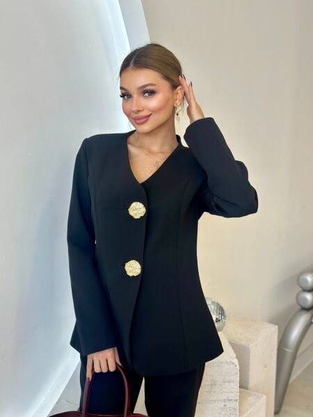 Gold Düğmeli Tasarım Blazer Ceket Takım siyah - m