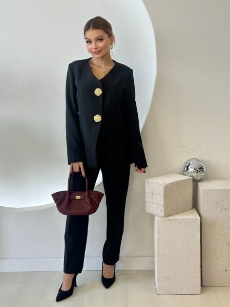 Gold Düğmeli Tasarım Blazer Ceket Takım siyah - m
