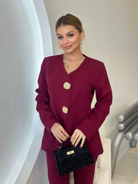 Gold Düğmeli Tasarım Blazer Ceket Takım bordo - m