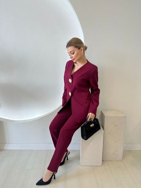 Gold Düğmeli Tasarım Blazer Ceket Takım bordo - l