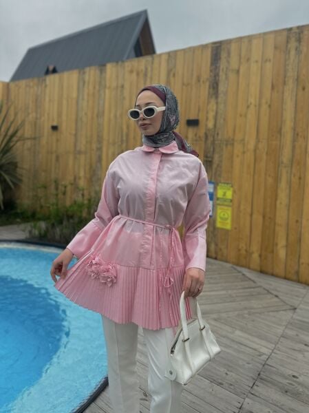 Çiçek Detaylı Piliseli Bağcıklı Gömlek şeker pembe - 1