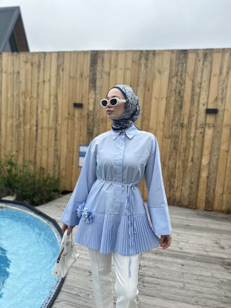 Çiçek Detaylı Piliseli Bağcıklı Gömlek bebe mavi - 1