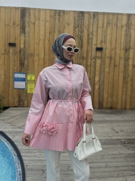 Çiçek Detaylı Piliseli Bağcıklı Gömlek şeker pembe - 2