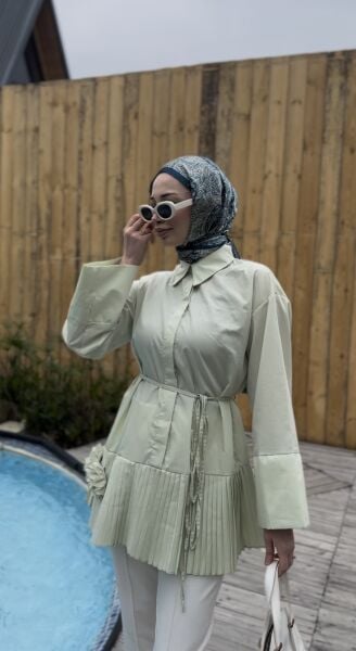 Çiçek Detaylı Piliseli Bağcıklı Gömlek mint yeşili - 2