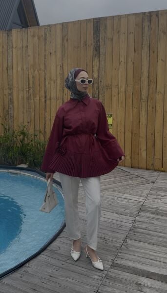 Çiçek Detaylı Piliseli Bağcıklı Gömlek bordo - 2