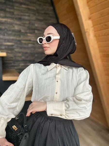 Düğme Detaylı Çizgili Gömlek ekru - s