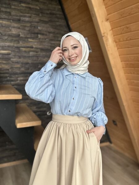 Düğme Detaylı Çizgili Gömlek bebe mavi - m