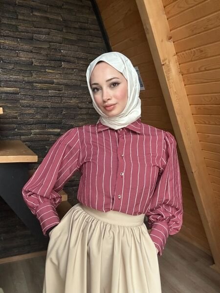 Düğme Detaylı Çizgili Gömlek bordo - m