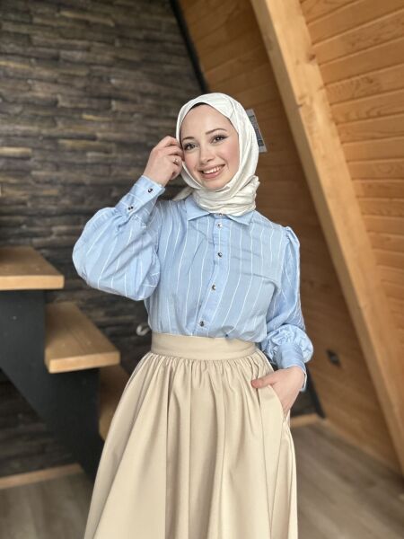 Düğme Detaylı Çizgili Gömlek bebe mavi - xl