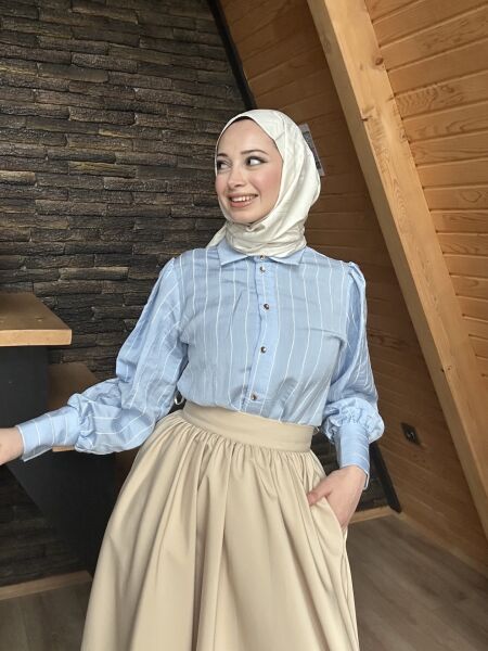 Düğme Detaylı Çizgili Gömlek bebe mavi - xl