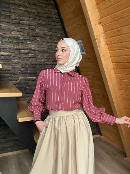 Düğme Detaylı Çizgili Gömlek bordo - xl